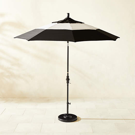 Market Round Black & Natural White Stripe Outdoor Umbrella with Black Base