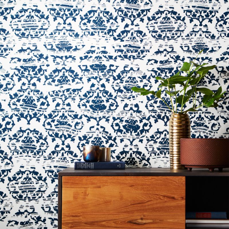 damask white and navy wallpaper + Reviews CB2
