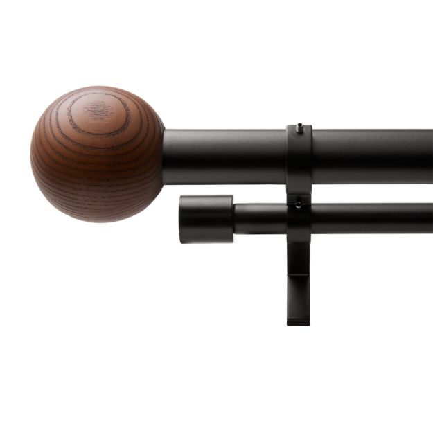 Matte Black with Walnut Finial Double Rod Curtain Rod Set 28"48" CB2