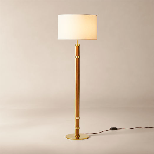 Delaney Rattan And Unlacquered Brass Floor Lamp with Linen Shade