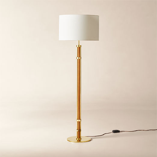 Delaney Rattan And Unlacquered Brass Floor Lamp with Linen Shade