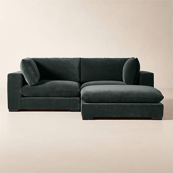 Deseo 3-Piece Grey Blue Performance Velvet Deep Depth Sectional Sofa with Ottoman
