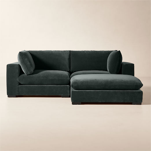 Deseo 3-Piece Grey Blue Performance Velvet Deep Depth Sectional Sofa with Ottoman