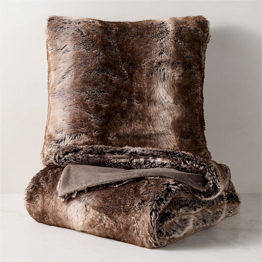 Dorian Brown Faux Fur Throw Pillow and Throw Blanket Set