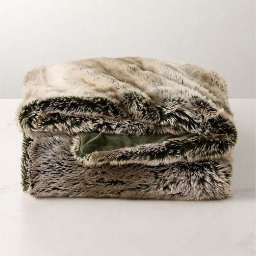Dorian Taupe and Green Faux Fur Throw Blanket 48"x80"