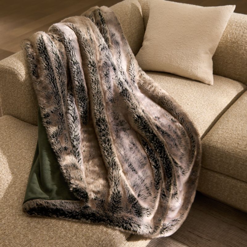 Dorian Taupe and Green Faux Fur Throw Blanket 48"x80" - image 1 of 6