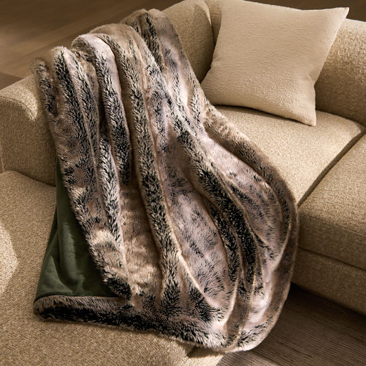 Dorian Taupe and Green Faux Fur Throw Blanket 48"x80"