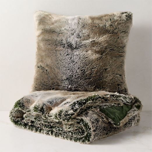 Dorian Taupe and Green Faux Fur Throw Pillow with Down-Alternative Insert and Throw Blanket Set