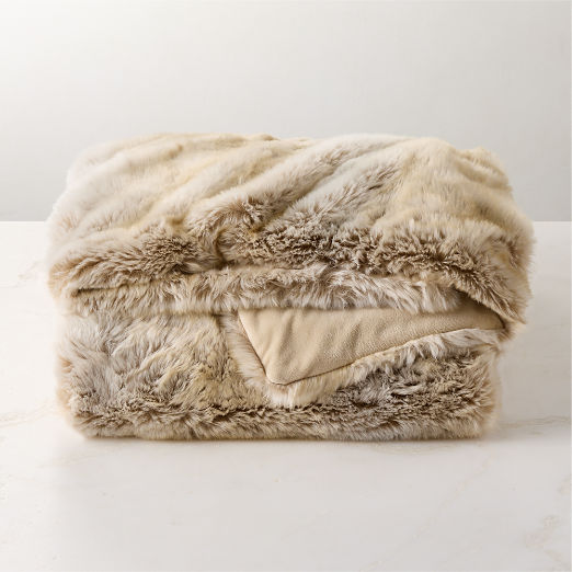 Dorian Warm White and Tan Fur Throw Blanket 48"x80"