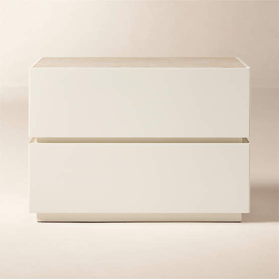 Dover 30" Warm White Lacquered 2-Drawer Nightstand with Travertine Top