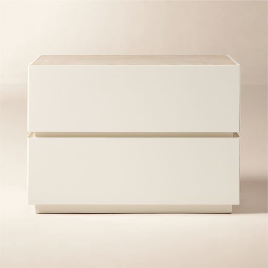 Dover 30" Warm White Lacquered 2-Drawer Nightstand with Travertine Top