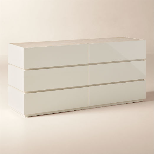 Dover 6-Drawer Warm White Lacquered Dresser with Travertine Top
