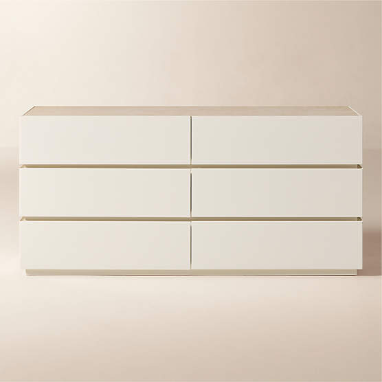 Dover 6-Drawer Warm White Lacquered Dresser with Travertine Top