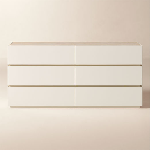 Dover 67" Warm White Lacquered 6-Drawer Dresser with Travertine Top
