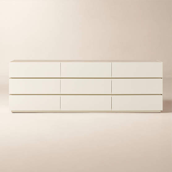 Dover 95" Warm White Lacquered 9-Drawer Dresser with Travertine Top