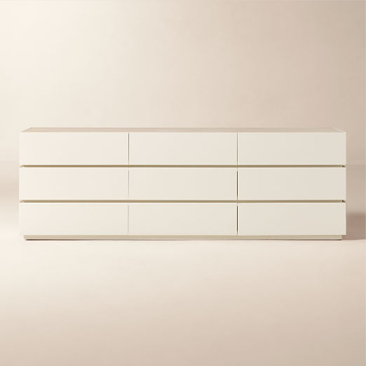Dover 95" Warm White Lacquered 9-Drawer Dresser with Travertine Top