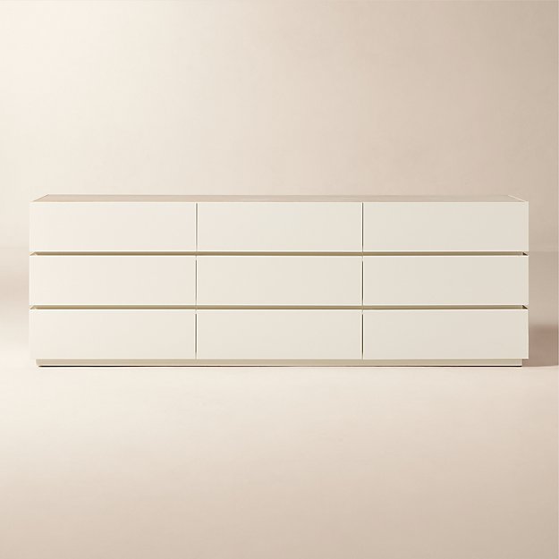 Dover 9-Drawer Warm White Lacquered Dresser with Travertine Top +
