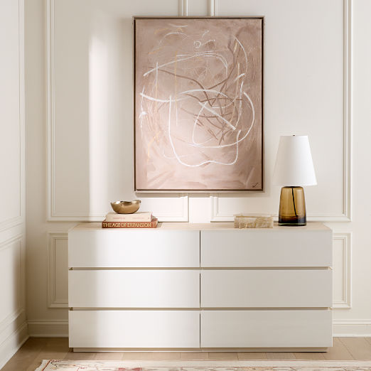 Dover 6-Drawer Warm White Lacquered Dresser with Travertine Top