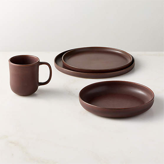 Drift 4-Piece Chocolate Brown Dinnerware Set with Pasta Bowl with Reactive Glaze