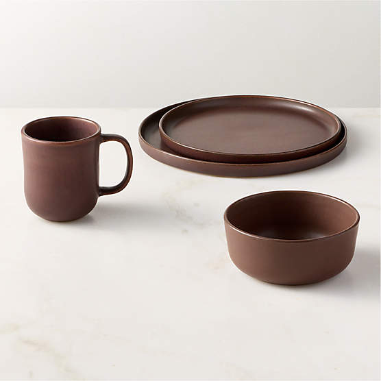 Drift 4-Piece Chocolate Brown Dinnerware Set with Soup Bowl with Reactive Glaze