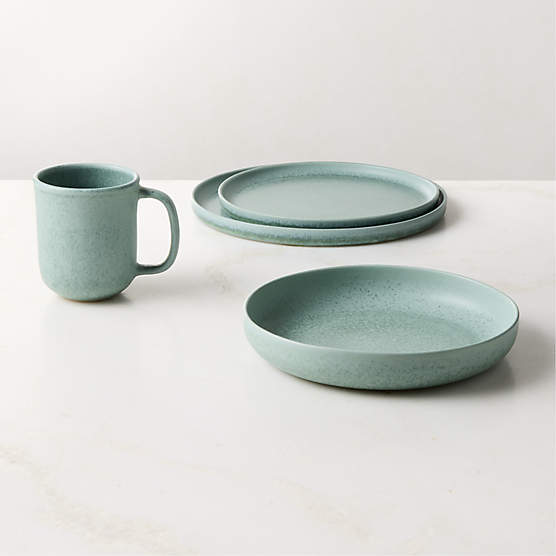 Drift 4-Piece Light Teal Dinnerware Set with Pasta Bowl with Reactive Glaze