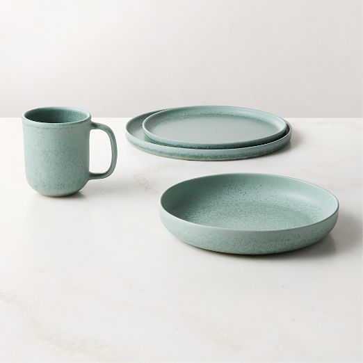 Drift 4-Piece Light Teal Dinnerware Set with Pasta Bowl with Reactive Glaze