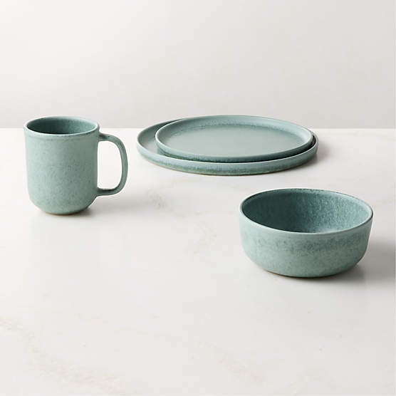 Drift 4-Piece Light Teal Dinnerware Set with Soup Bowl with Reactive Glaze