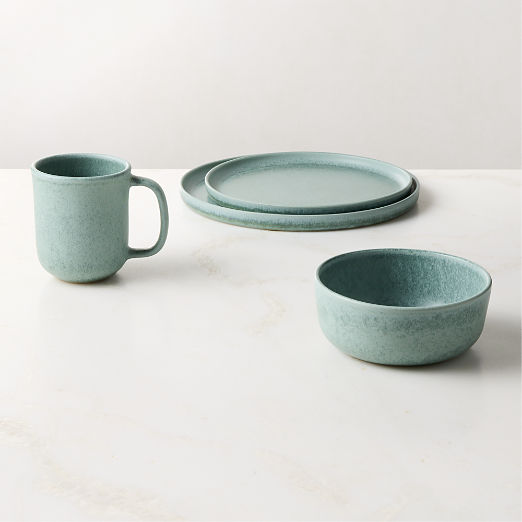 Drift 4-Piece Light Teal Dinnerware Set with Soup Bowl with Reactive Glaze