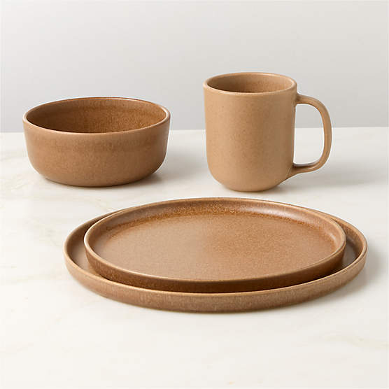 Drift 4-Piece Tan Dinnerware Set with Soup Bowl with Reactive Glaze