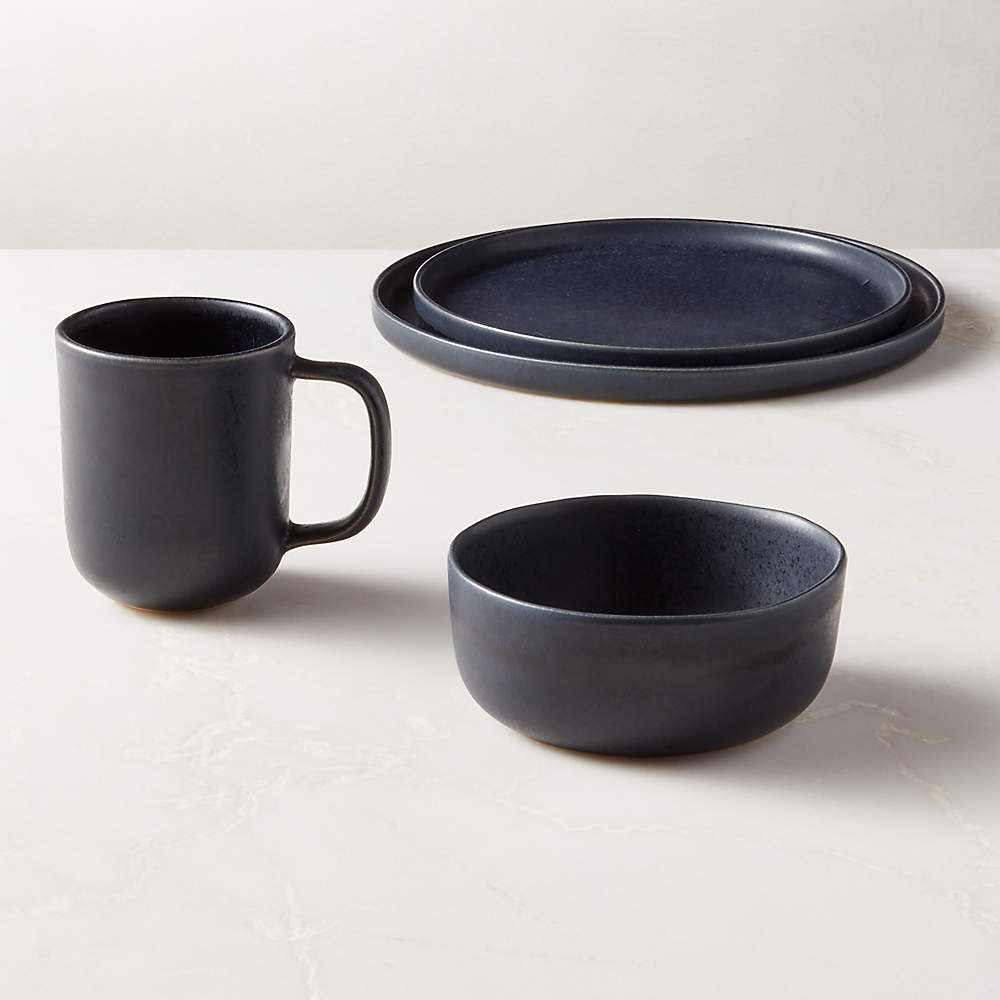Hyacinth 4-Piece Black Dinnerware Set with Soup Bowl with Reactive Glaze