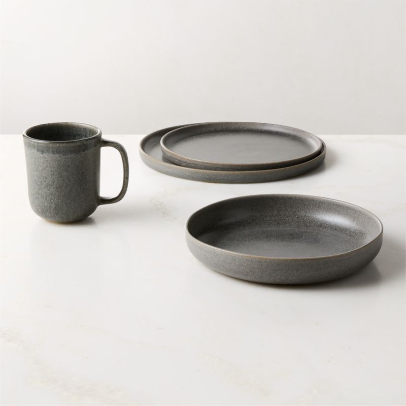 View Drift 4-Piece Grey Dinnerware Set with Pasta Bowl with Reactive Glaze details