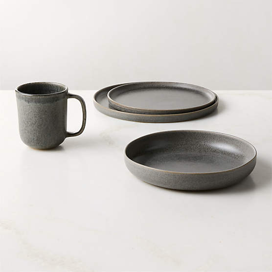 Drift 4-Piece Grey Dinnerware Set with Pasta Bowl with Reactive Glaze