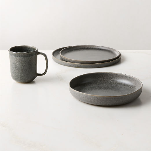 Drift 4-Piece Grey Dinnerware Set with Pasta Bowl with Reactive Glaze