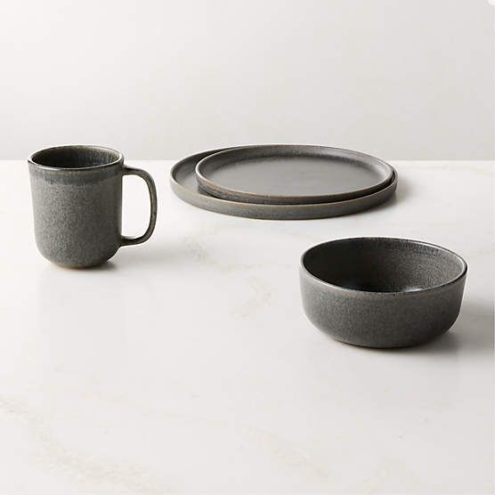Drift 4-Piece Grey Dinnerware Set with Soup Bowl with Reactive Glaze