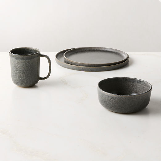 Drift 4-Piece Grey Dinnerware Set with Soup Bowl with Reactive Glaze
