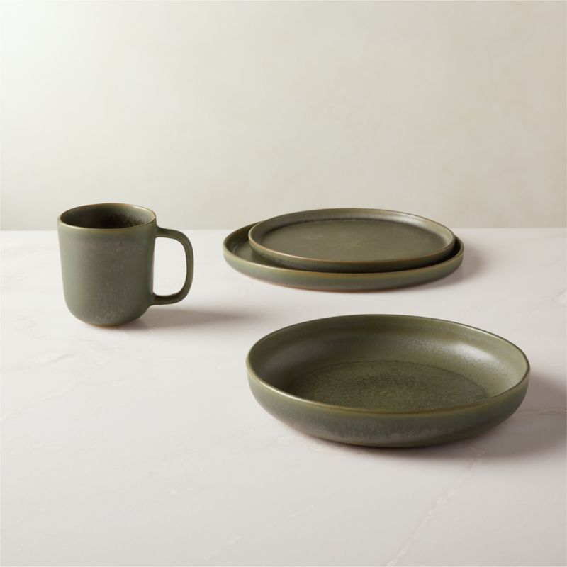 View Drift 4-Piece Green Dinnerware Set with Pasta Bowl with Reactive Glaze details
