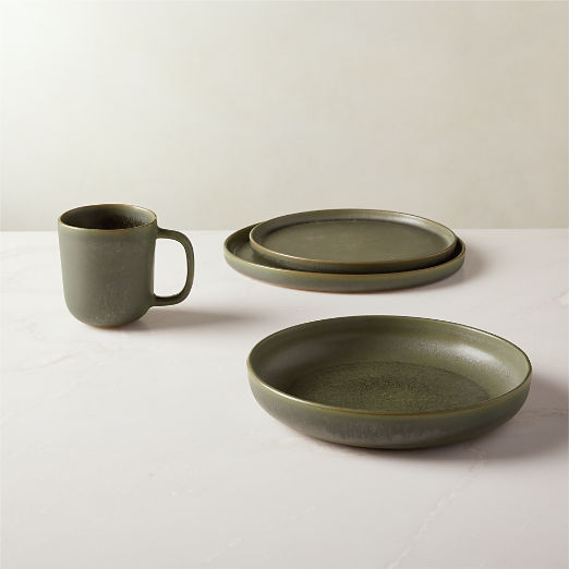 Drift 4-Piece Green Dinnerware Set with Pasta Bowl with Reactive Glaze