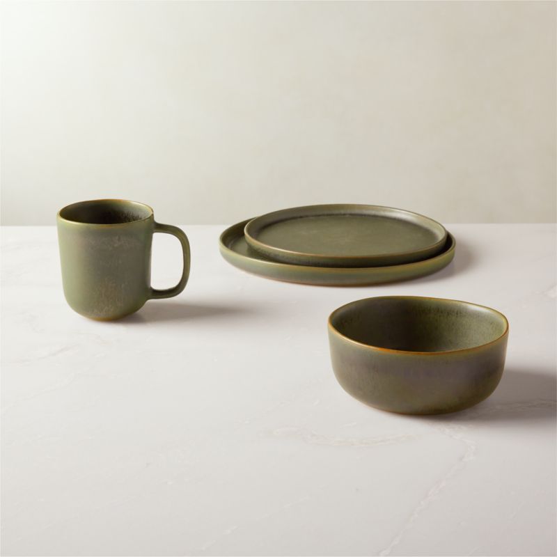 View Drift 4-Piece Green Dinnerware Set with Soup Bowl with Reactive Glaze details