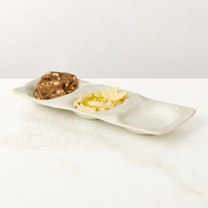View Drift Rectangular Ivory 3-Section Divided Serving Platter with Glossy Reactive Glaze details