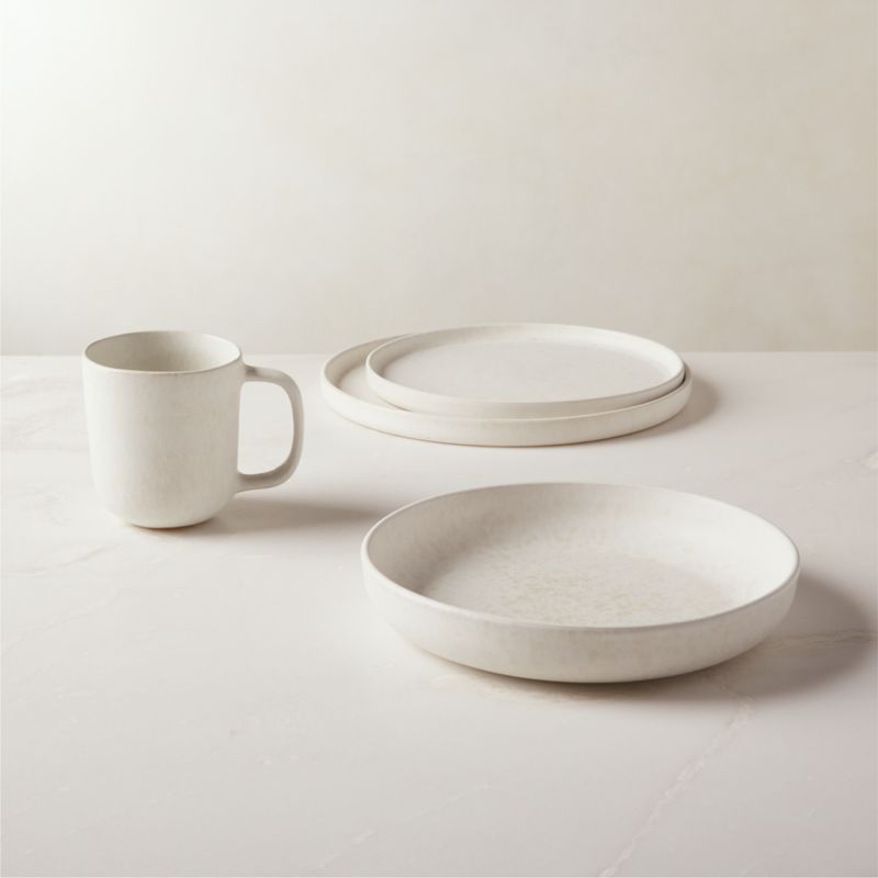 View Drift 4-Piece Ivory Dinnerware Set with Pasta Bowl with Matte Reactive Glaze details
