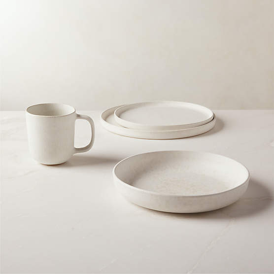 Drift 4-Piece White Dinnerware Set with Pasta Bowl with Reactive Glaze