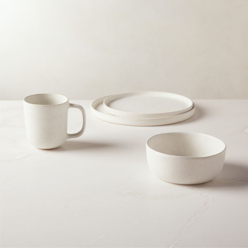 View Drift 4-Piece Ivory Dinnerware Set with Soup Bowl with Matte Reactive Glaze details