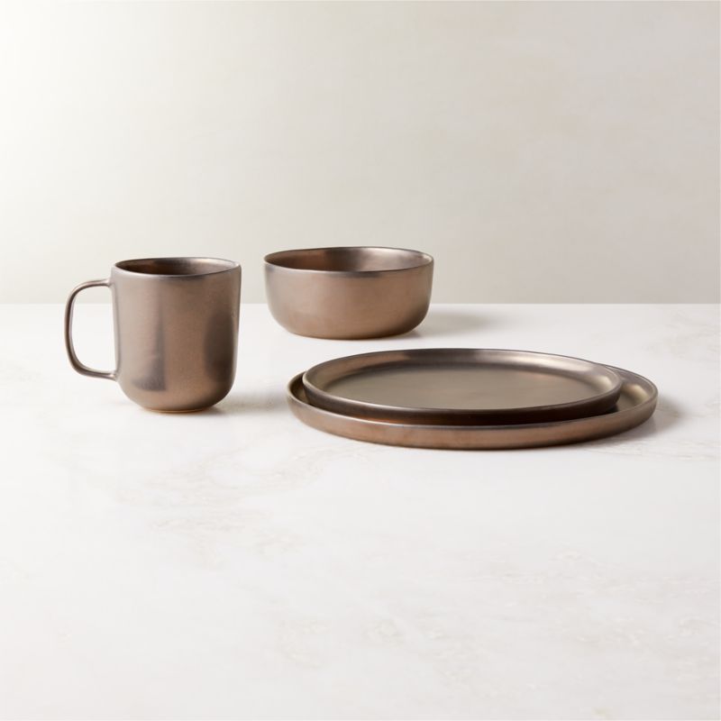 View Drift 4-Piece Bronze Dinnerware Set with Soup Bowl with Reactive Glaze details