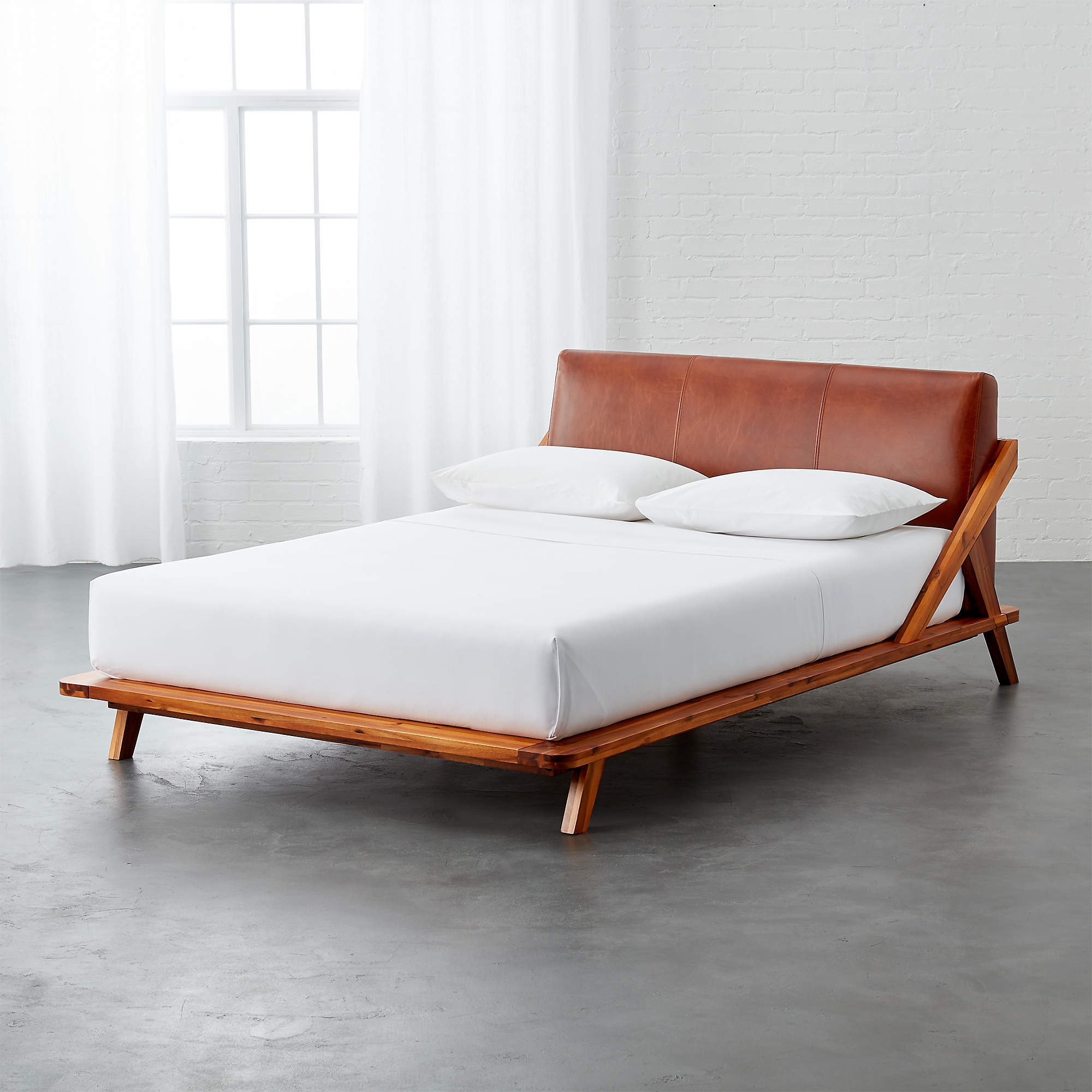 Drommen Acacia Bed with Leather Headboard | CB2