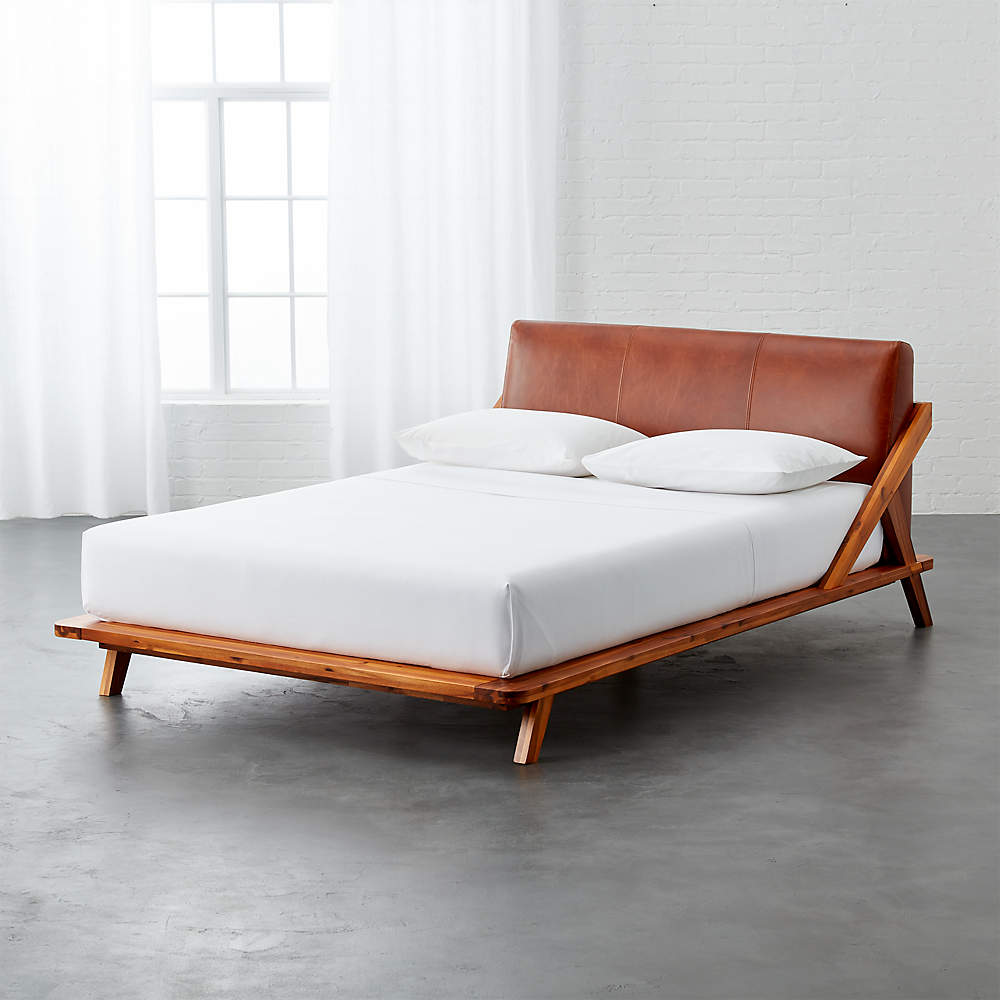 Drommen Acacia Full Bed With Leather, Modern Leather Headboard