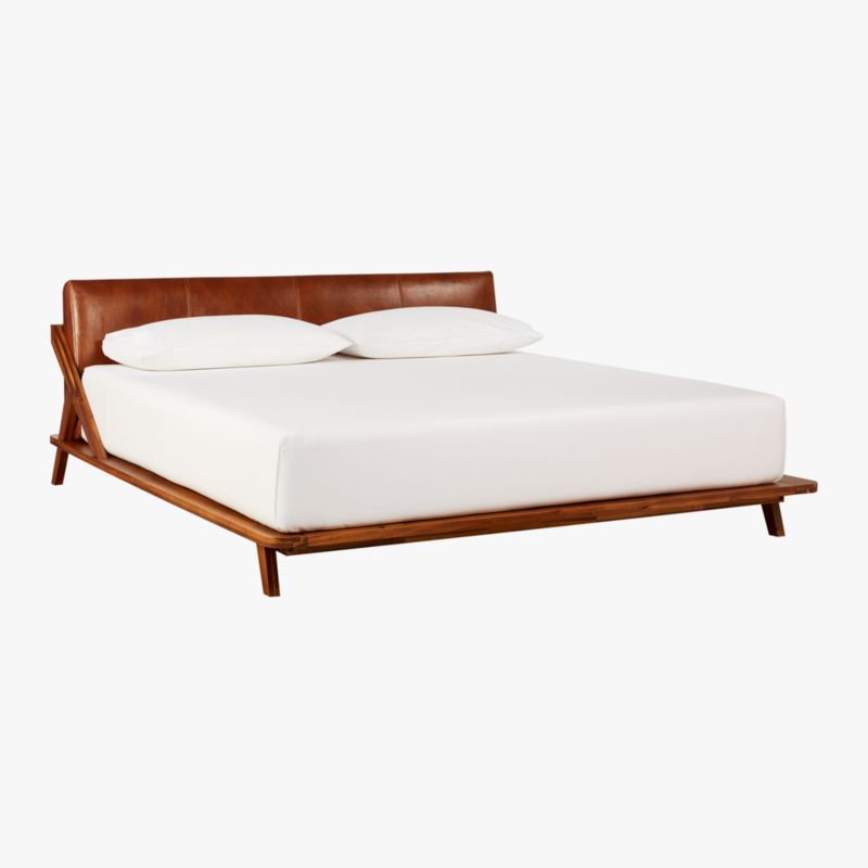 Drommen Acacia Wood Platform King Bed with Leather Headboard + Reviews