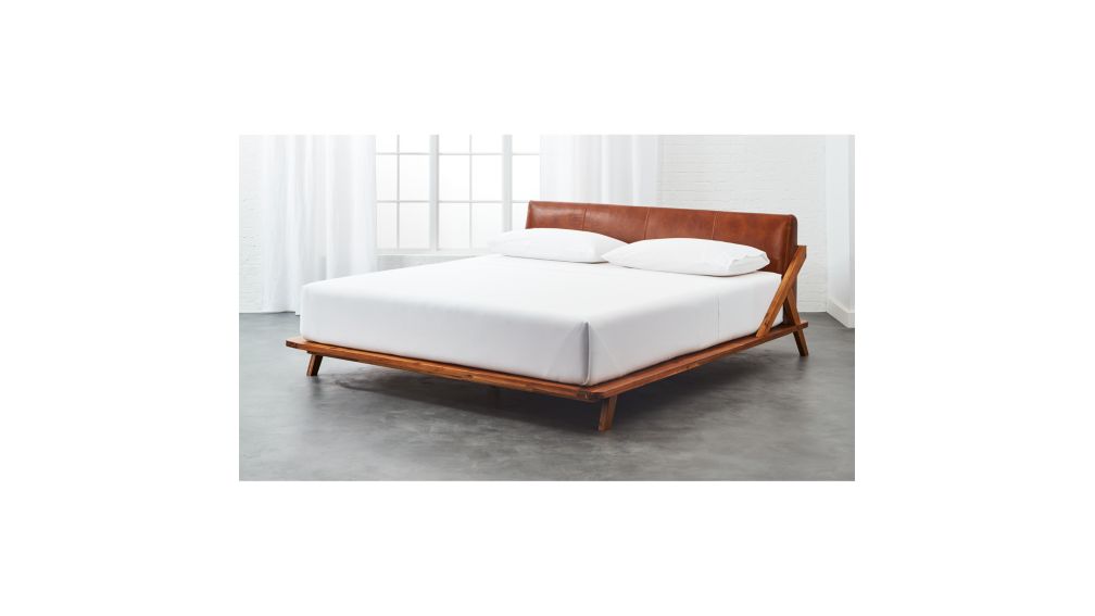 drommen acacia king bed with leather headboard + Reviews | CB2