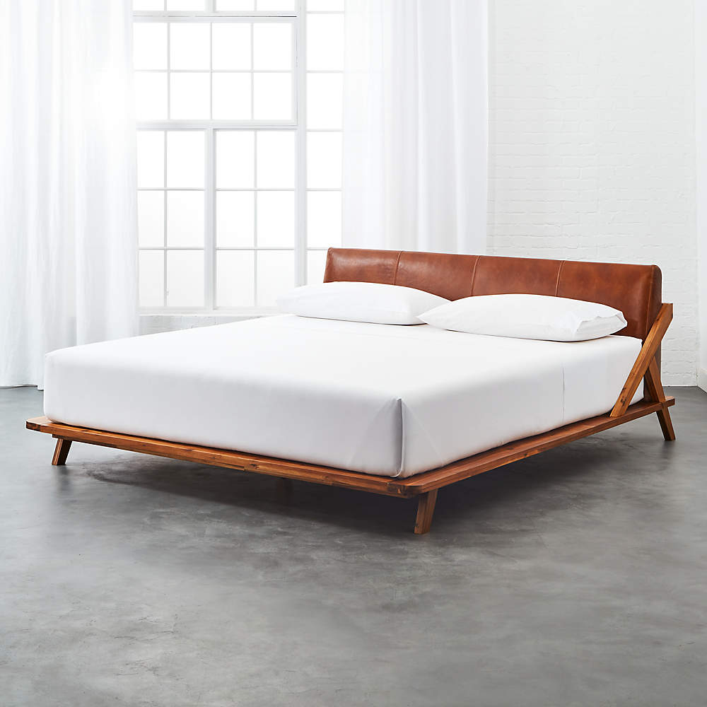 Drommen Acacia King Bed With Leather, White Leather Headboard King Bed