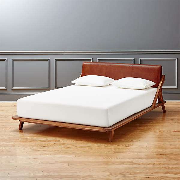 Drommen Acacia Bed With Leather, Queen Size Bed Frame With Leather Headboard