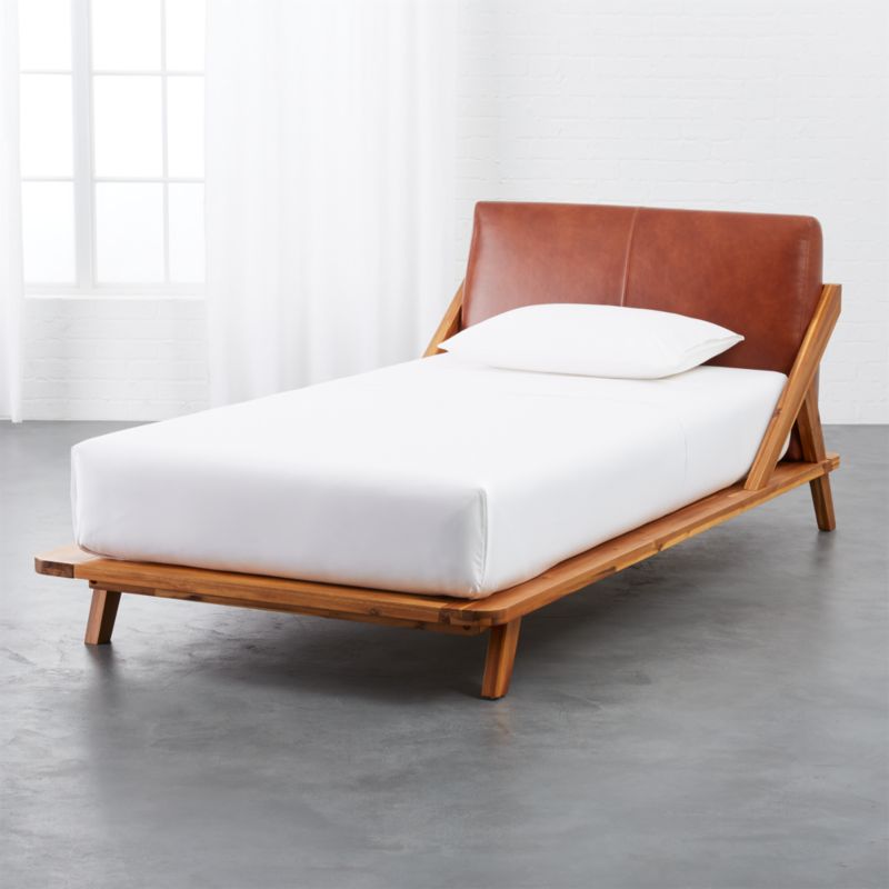 Drommen Acacia Twin Bed with Leather Headboard + Reviews | CB2